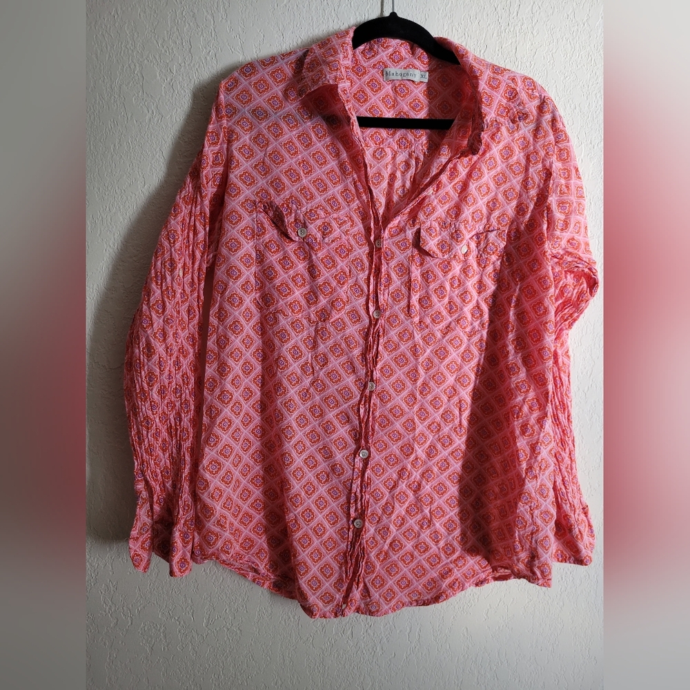 Mahogany block print lightweight button down | size xl